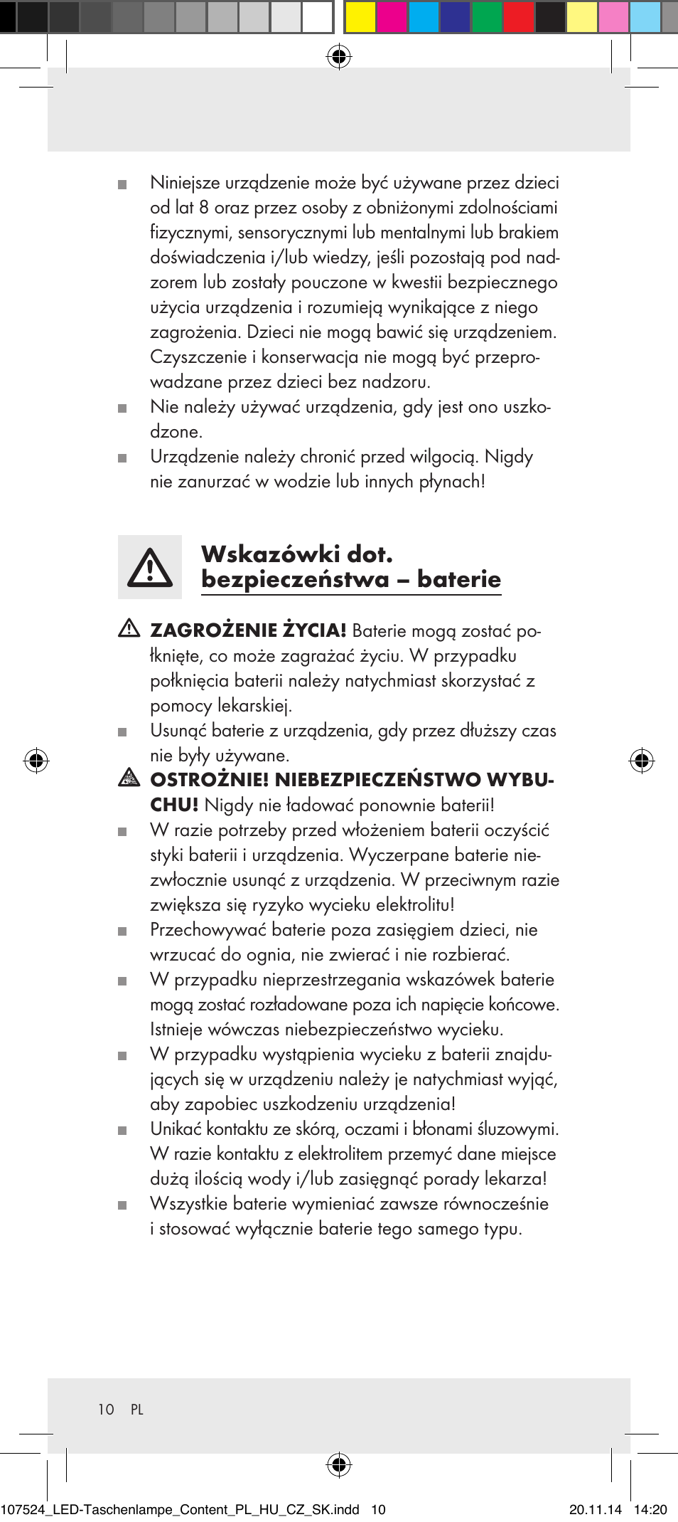 Wskazówki dot. bezpieczeństwa – baterie | Livarno 107524-14-01/107524-14-02/ 107524-14-03 User Manual | Page 10 / 33