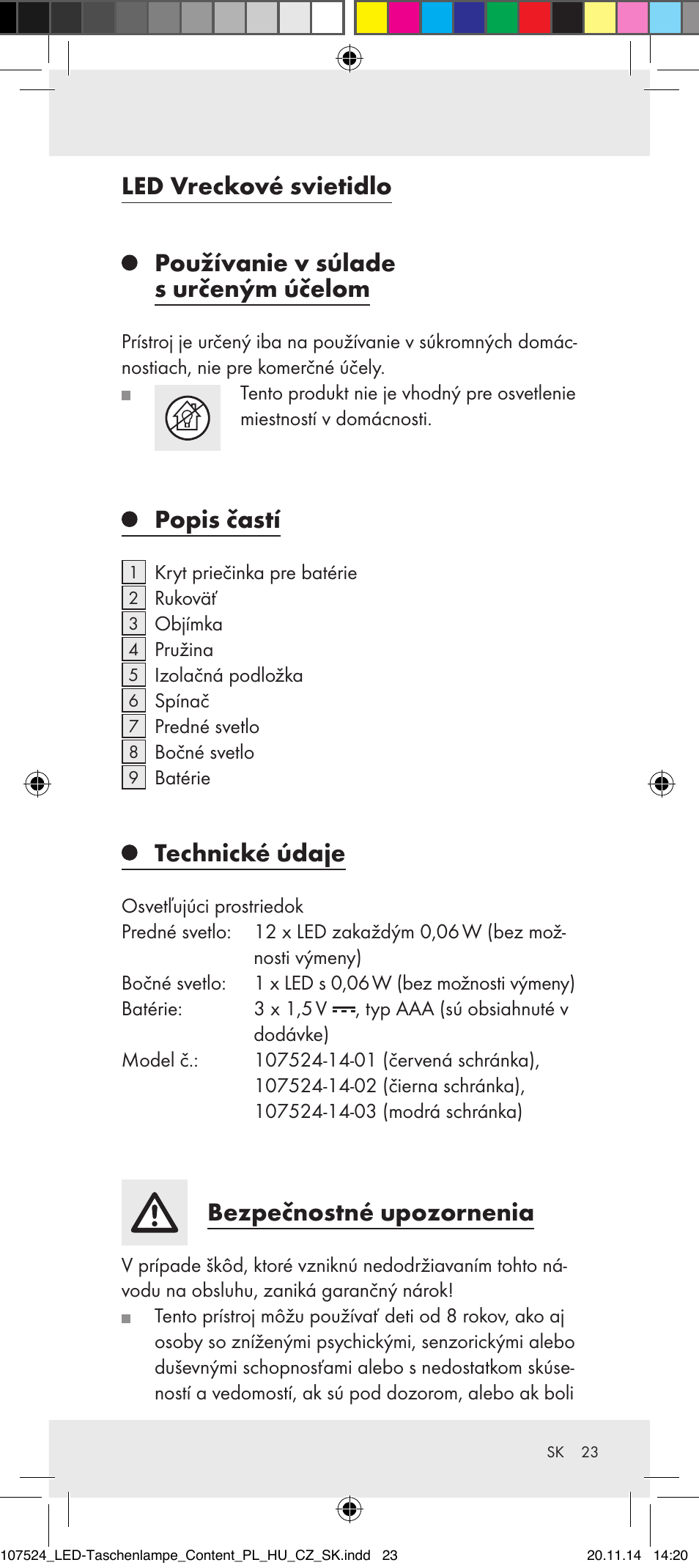 Popis častí, Technické údaje, Bezpečnostné upozornenia | Livarno 107524-14-01/107524-14-02/ 107524-14-03 User Manual | Page 23 / 33