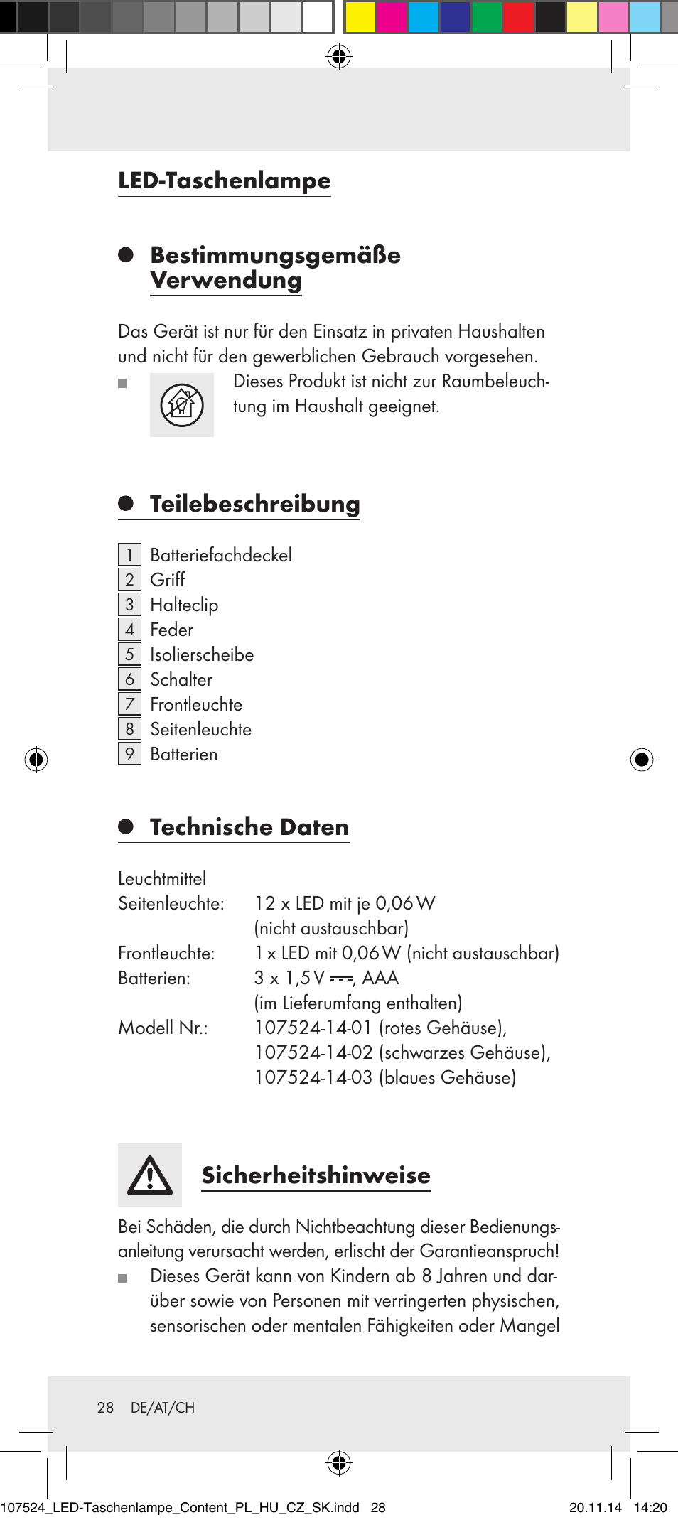 Led-taschenlampe bestimmungsgemäße verwendung, Teilebeschreibung, Technische daten | Sicherheitshinweise | Livarno 107524-14-01/107524-14-02/ 107524-14-03 User Manual | Page 28 / 33