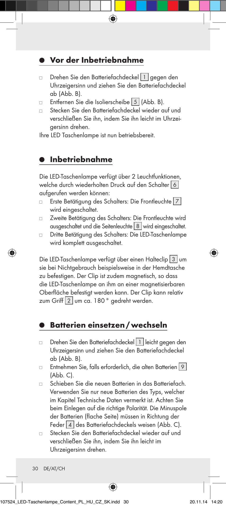 Vor der inbetriebnahme, Inbetriebnahme, Batterien einsetzen / wechseln | Livarno 107524-14-01/107524-14-02/ 107524-14-03 User Manual | Page 30 / 33