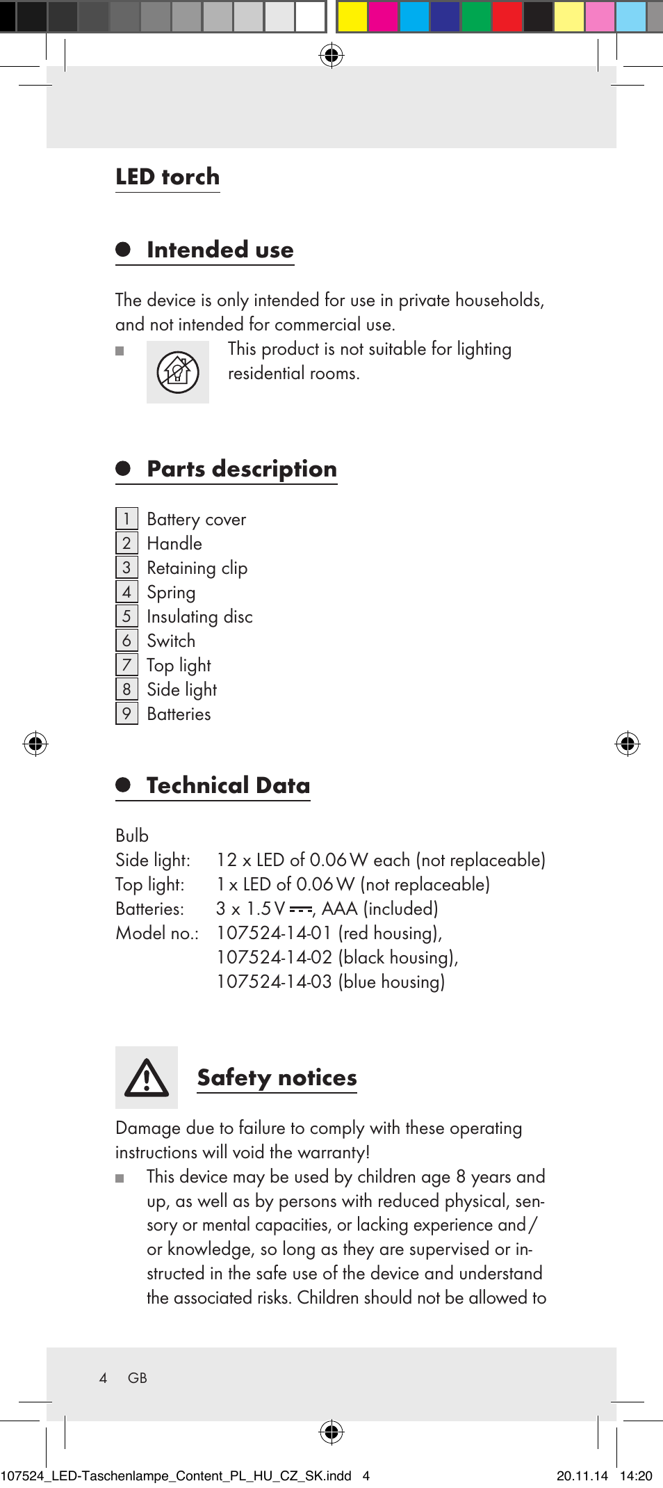 Led torch intended use, Parts description, Technical data | Safety notices | Livarno 107524-14-01/107524-14-02/ 107524-14-03 User Manual | Page 4 / 33