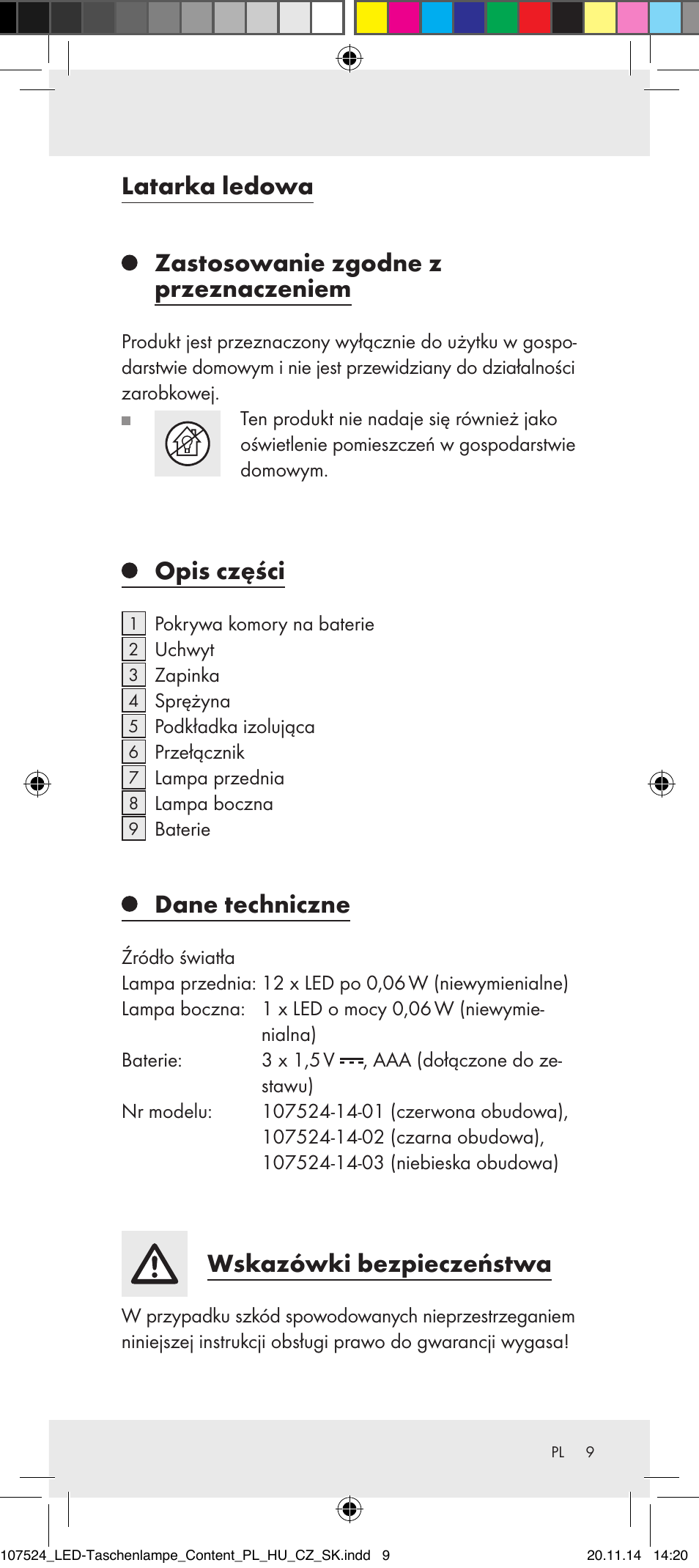 Opis części, Dane techniczne, Wskazówki bezpieczeństwa | Livarno 107524-14-01/107524-14-02/ 107524-14-03 User Manual | Page 9 / 33