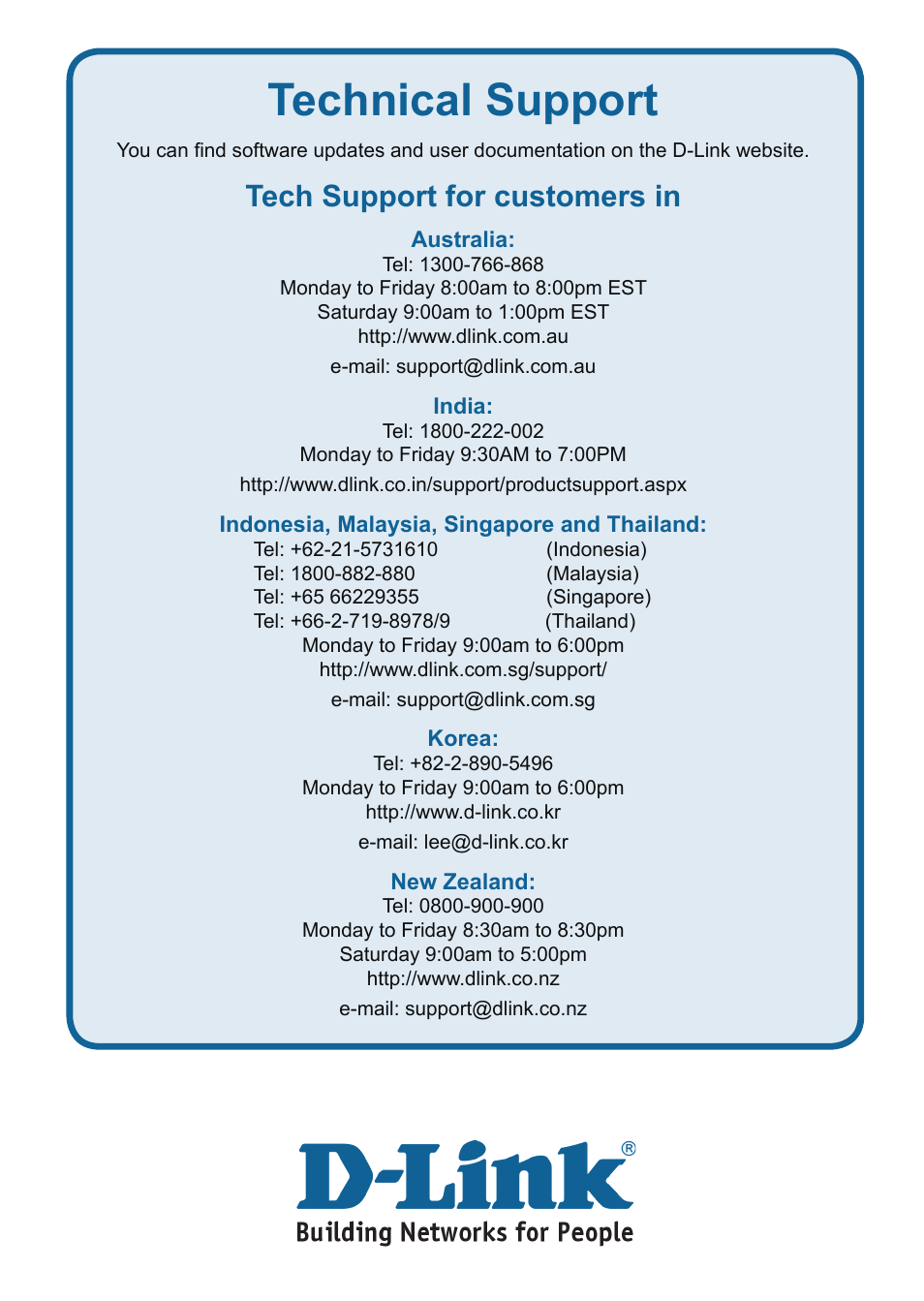 Technical support, Tech support for customers in | D-Link DAP-3220 User Manual | Page 12 / 76