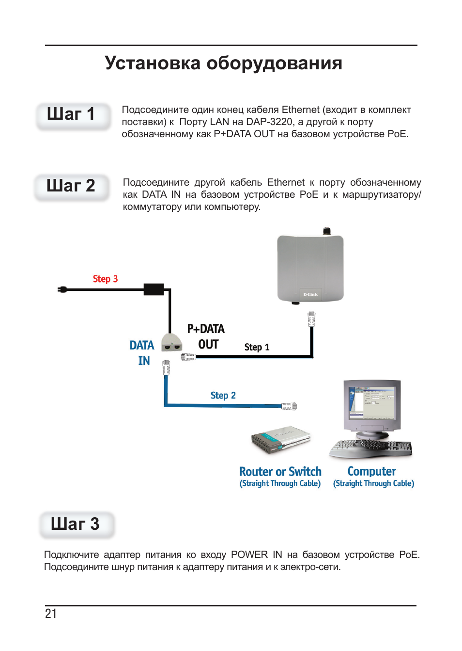 Установка оборудования, Шаг 1 шаг 2, Шаг 3 | D-Link DAP-3220 User Manual | Page 21 / 76