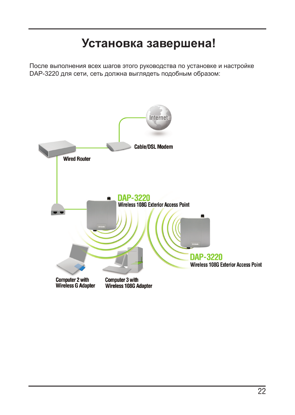 Установка завершена | D-Link DAP-3220 User Manual | Page 22 / 76