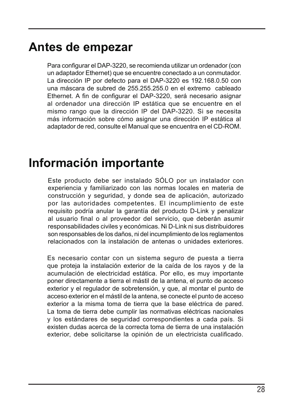 Información importante, Antes de empezar | D-Link DAP-3220 User Manual | Page 28 / 76