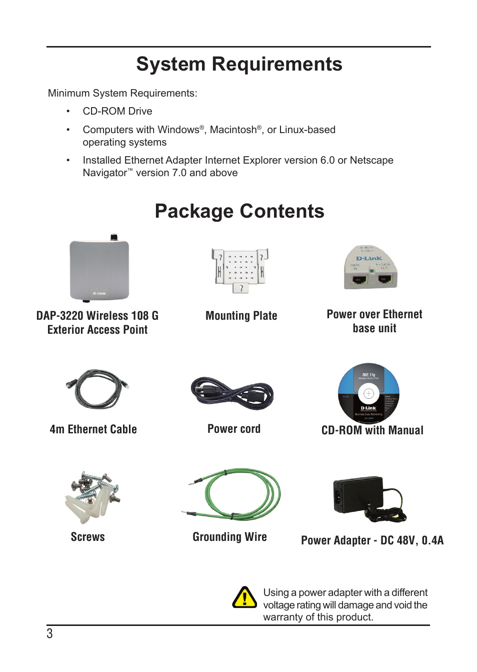 System requirements, Package contents | D-Link DAP-3220 User Manual | Page 3 / 76