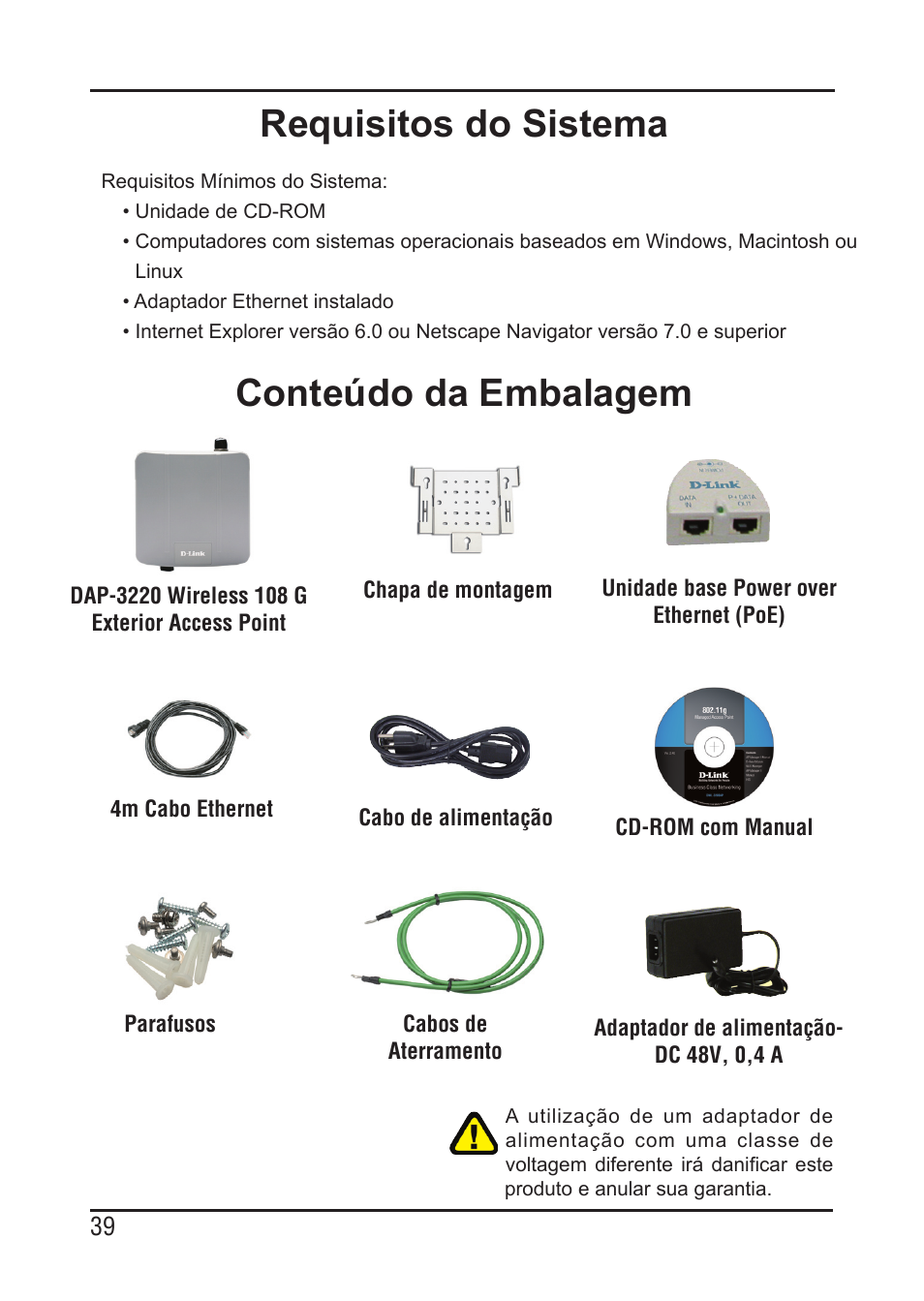 Requisitos do sistema, Conteúdo da embalagem | D-Link DAP-3220 User Manual | Page 39 / 76