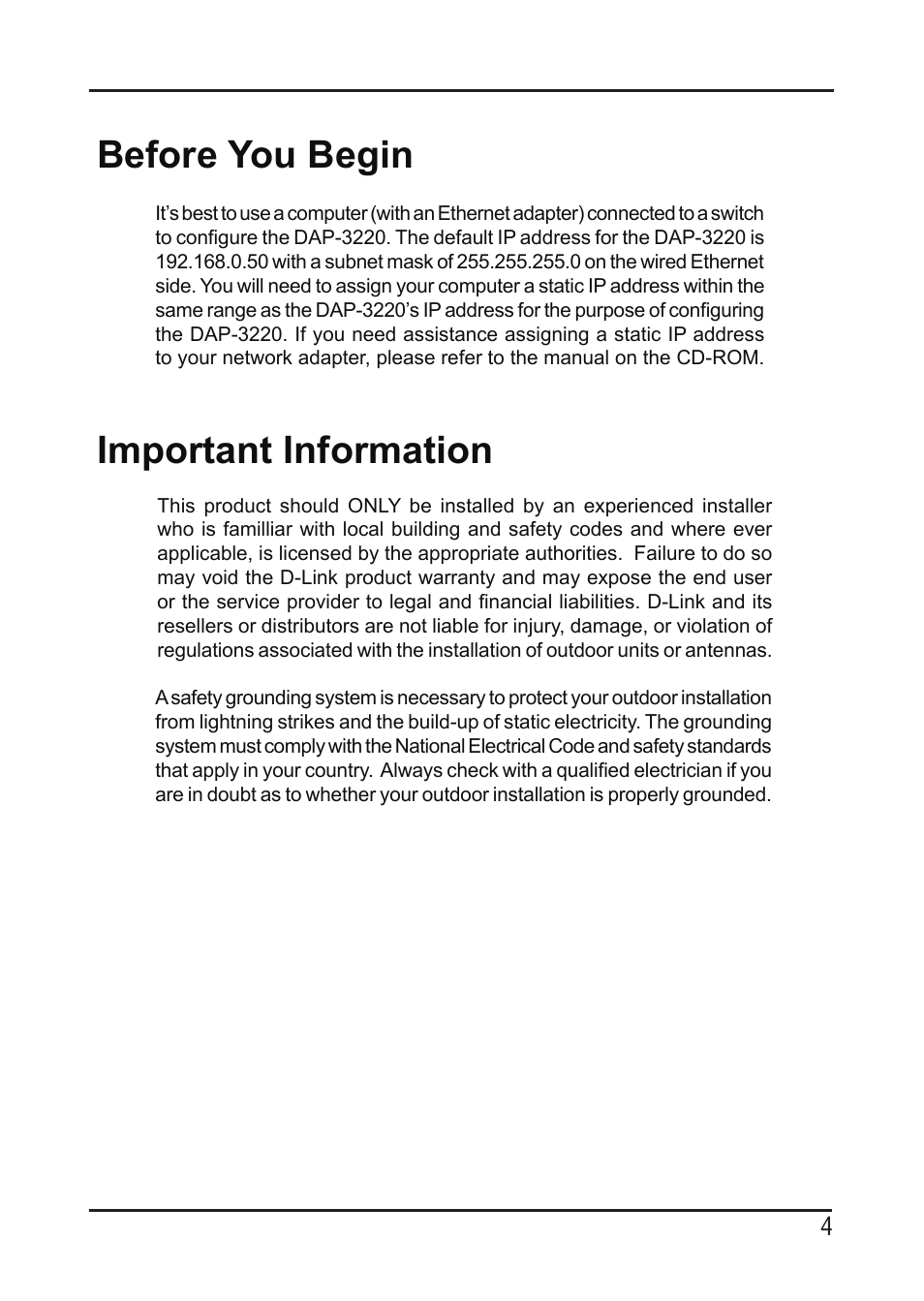 Important information, Before you begin | D-Link DAP-3220 User Manual | Page 4 / 76