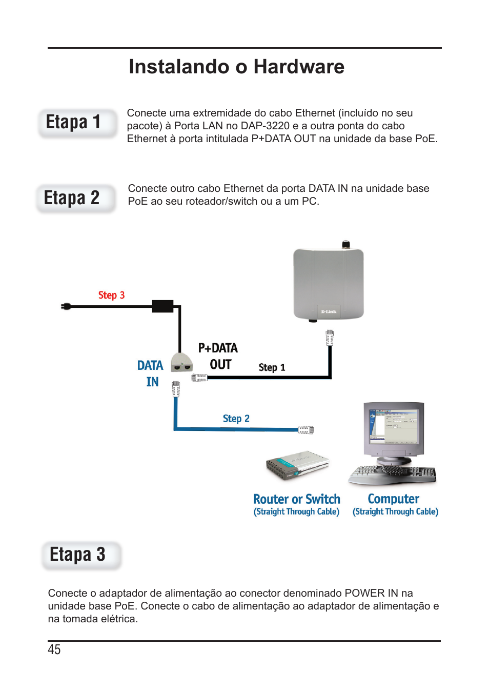 Instalando o hardware, Etapa 1 etapa 2 etapa 3 | D-Link DAP-3220 User Manual | Page 45 / 76