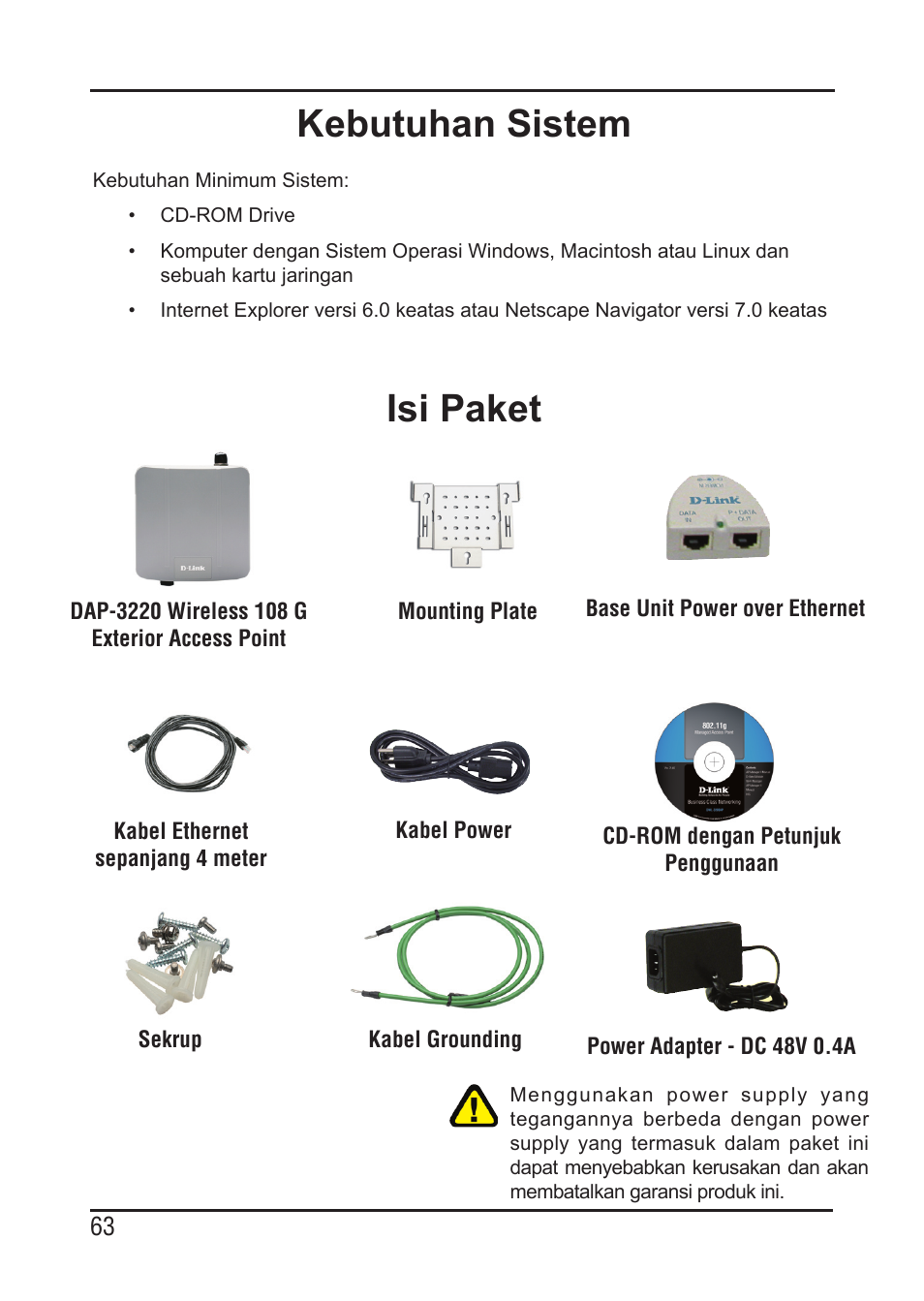Kebutuhan sistem, Isi paket | D-Link DAP-3220 User Manual | Page 63 / 76