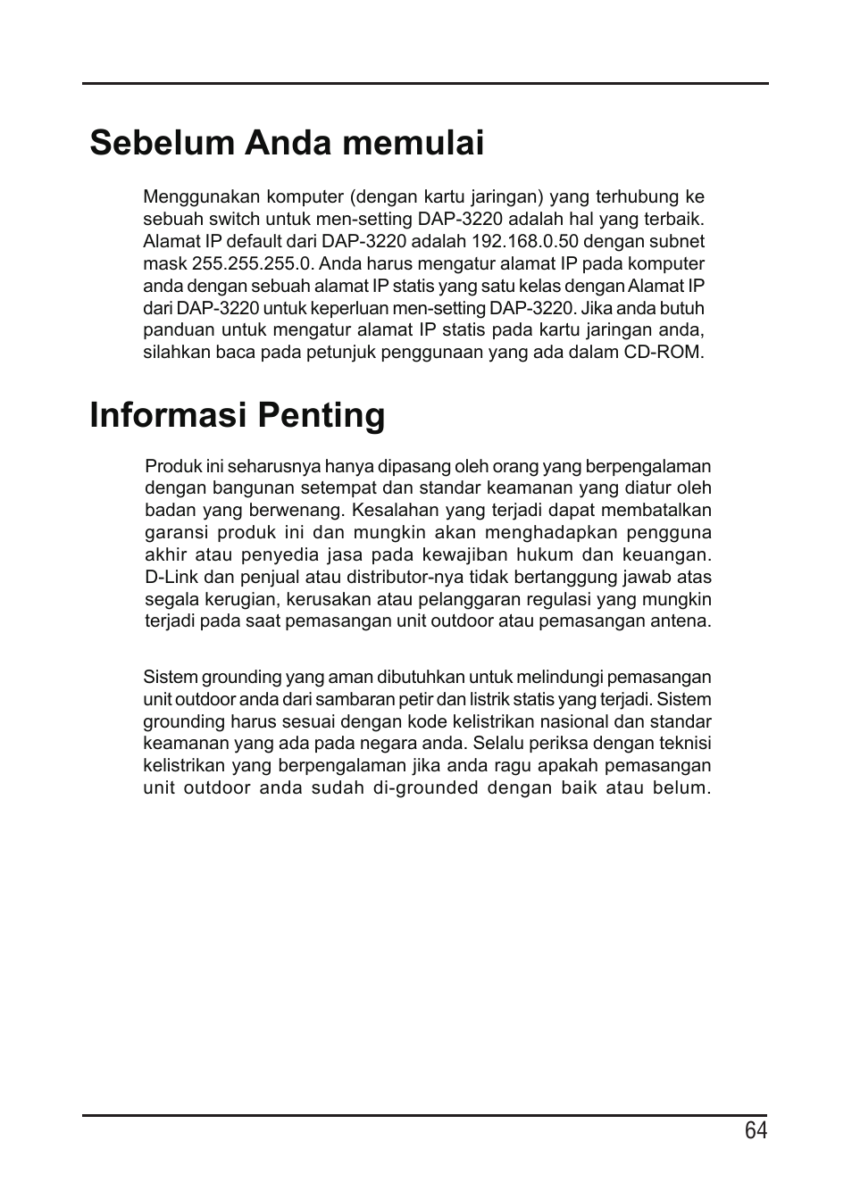 Informasi penting, Sebelum anda memulai | D-Link DAP-3220 User Manual | Page 64 / 76