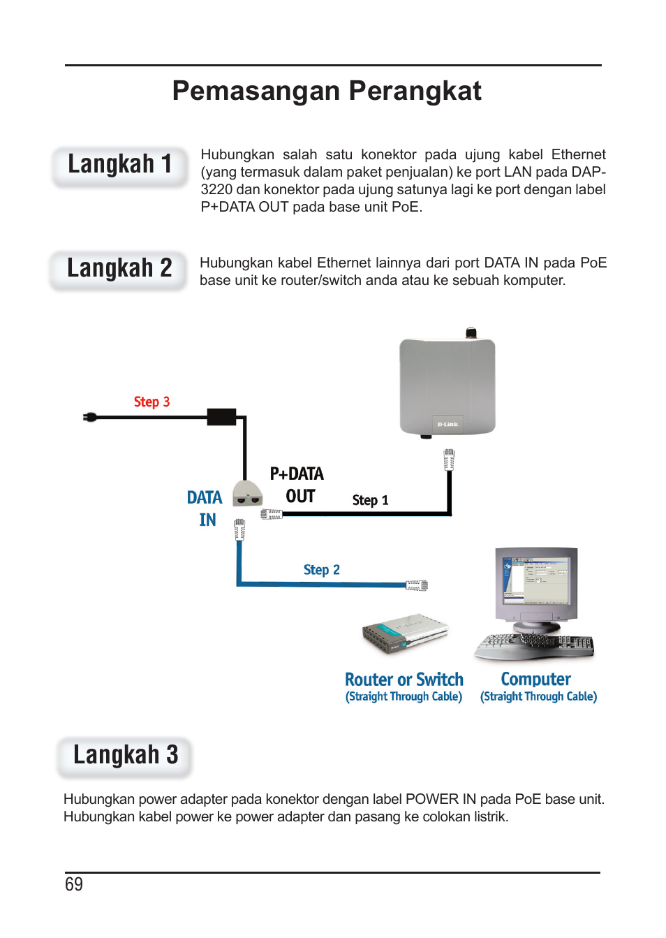 Pemasangan perangkat, Langkah 1 langkah 2, Langkah 3 | D-Link DAP-3220 User Manual | Page 69 / 76
