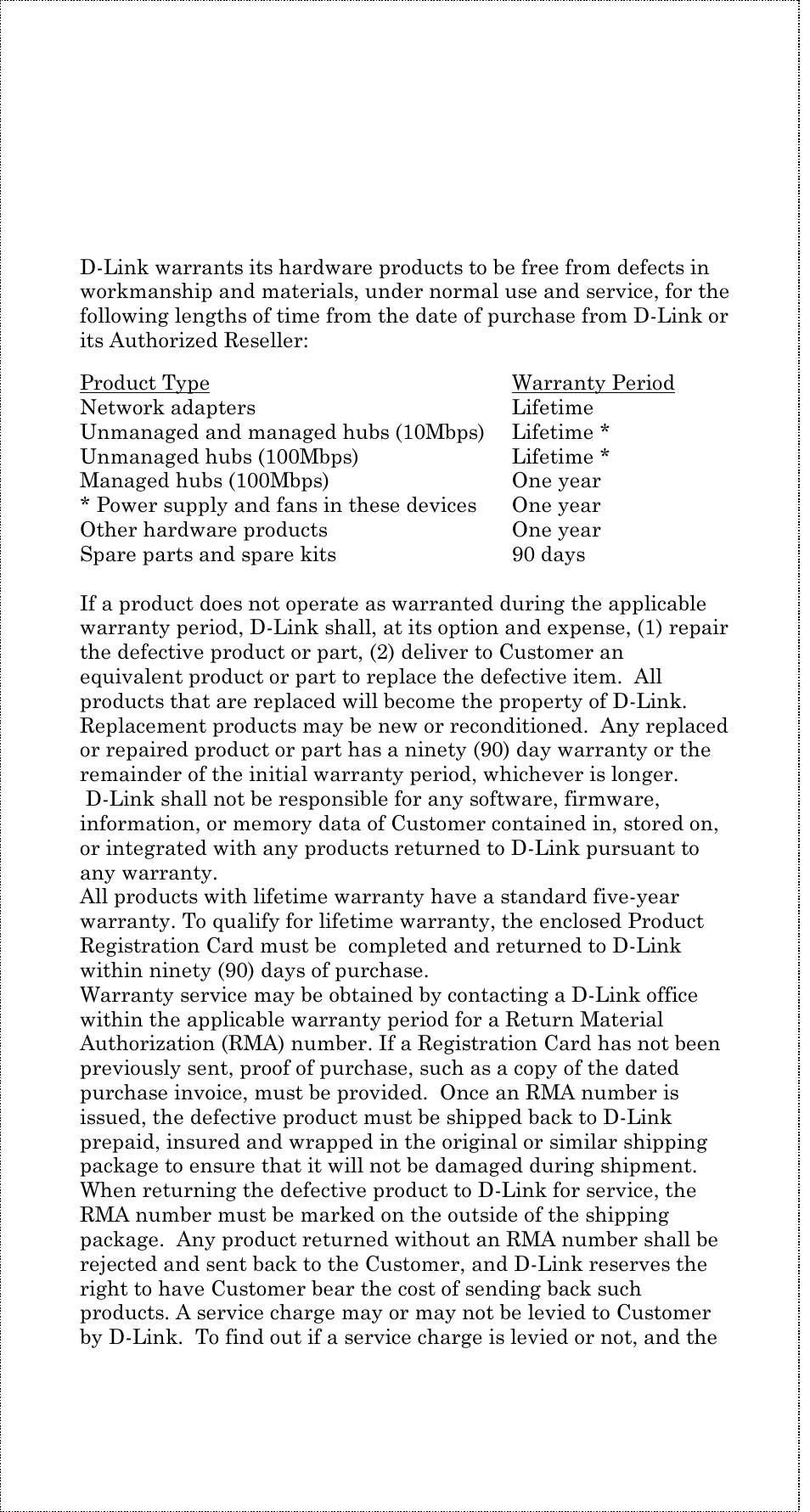 Limited warranty, Hardware | D-Link DE-805TP User Manual | Page 14 / 19