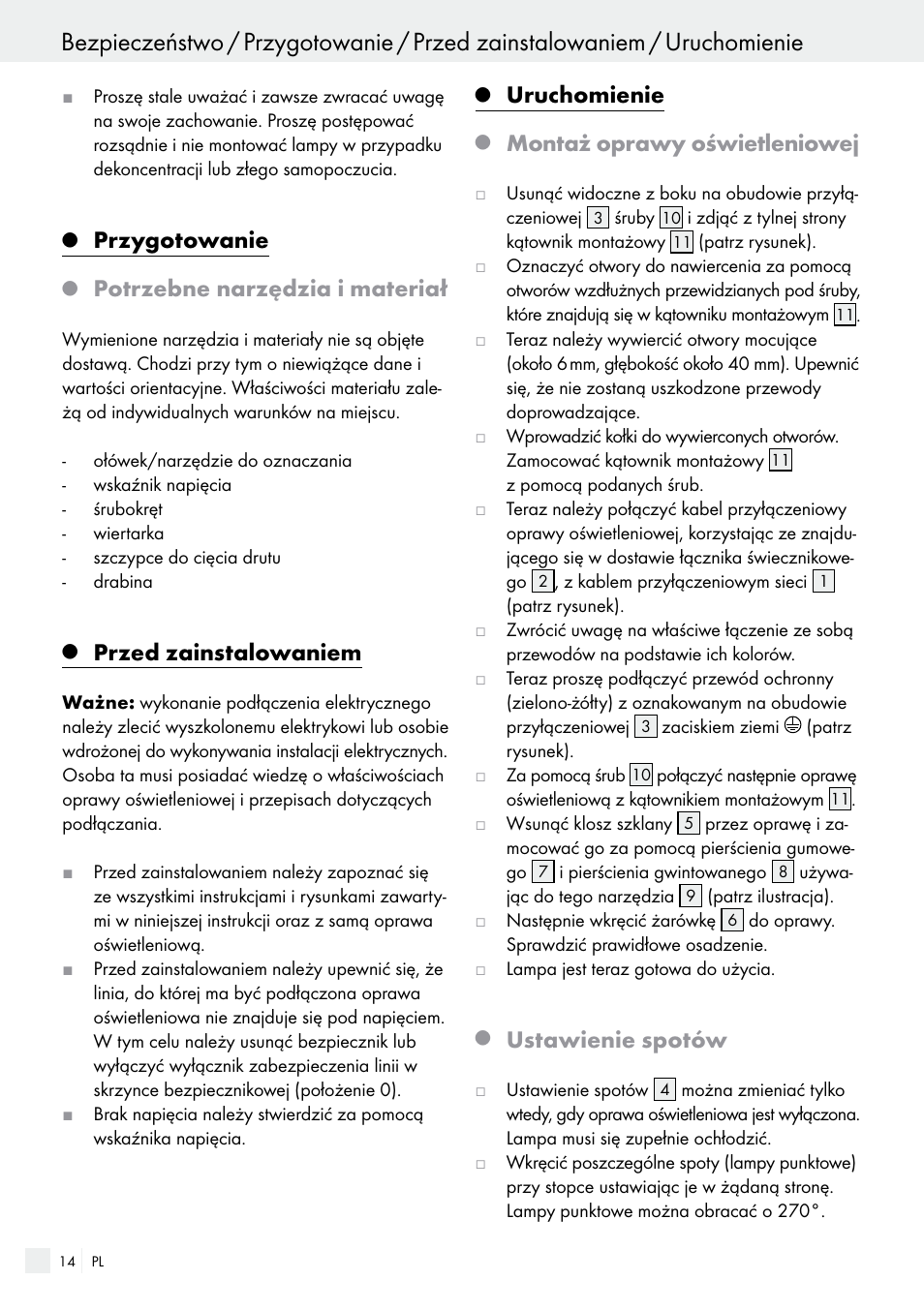 Przygotowanie, Potrzebne narzędzia i materiał, Przed zainstalowaniem | Uruchomienie, Montaż oprawy oświetleniowej, Ustawienie spotów | Livarno 2356/042L User Manual | Page 14 / 53
