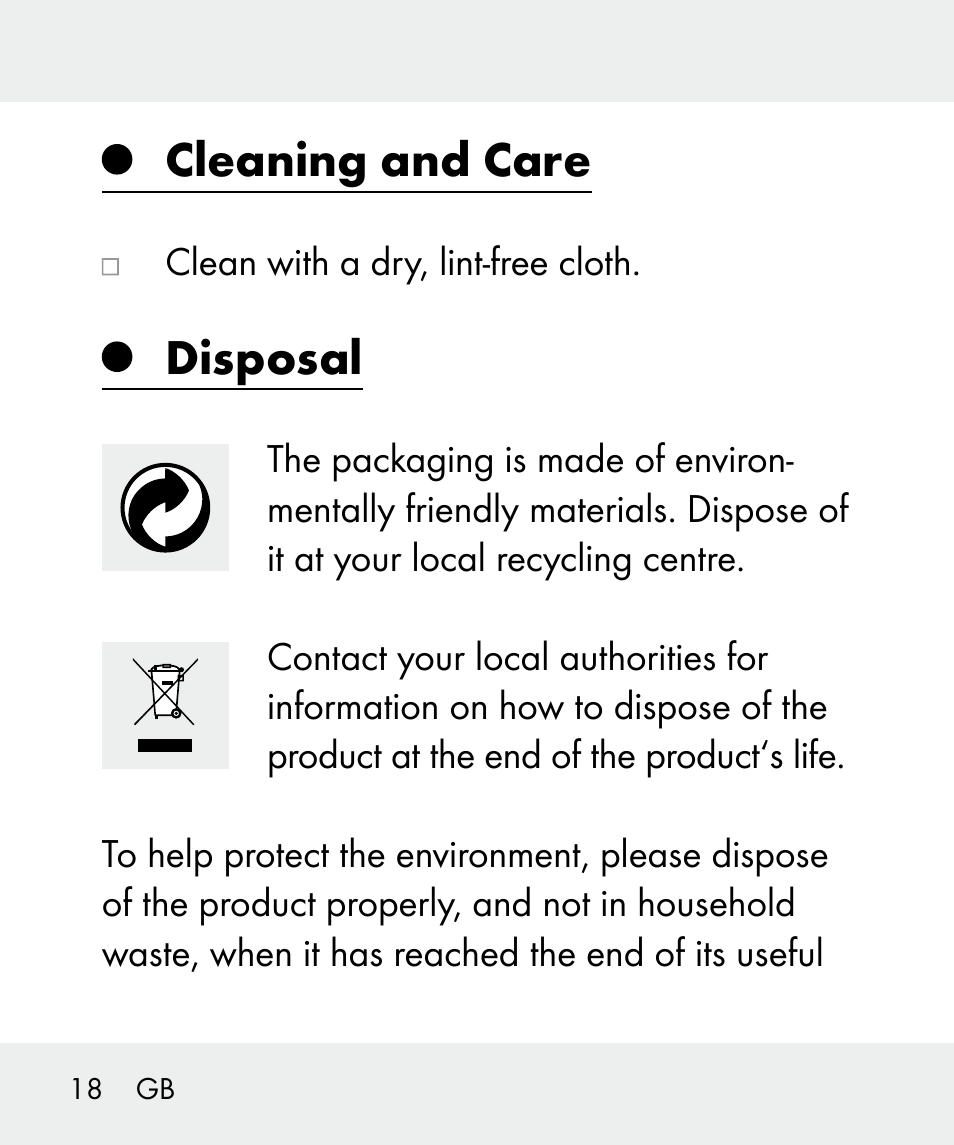 Cleaning and care, Disposal | Livarno 100933-14-02 User Manual | Page 18 / 91