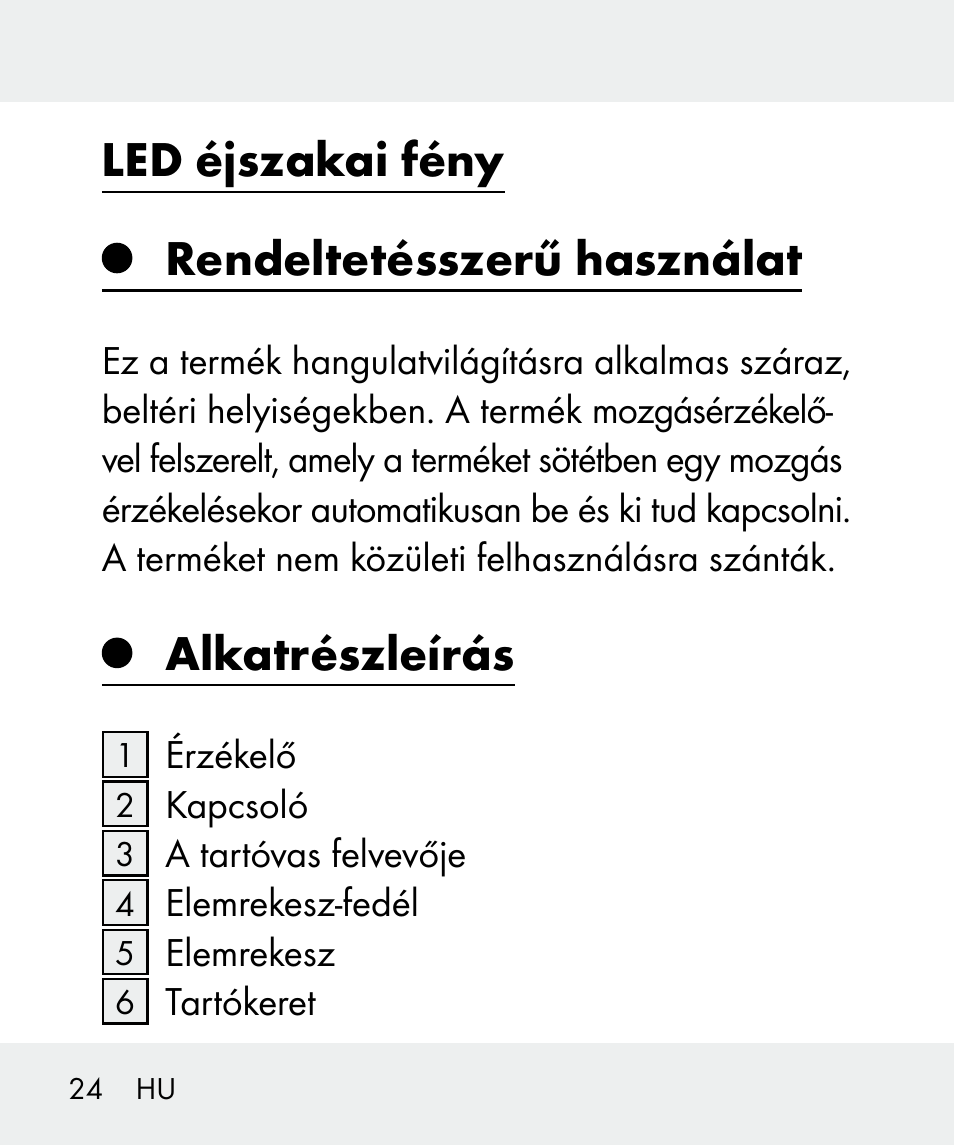 Led éjszakai fény rendeltetésszerű használat, Alkatrészleírás | Livarno 100933-14-02 User Manual | Page 24 / 91