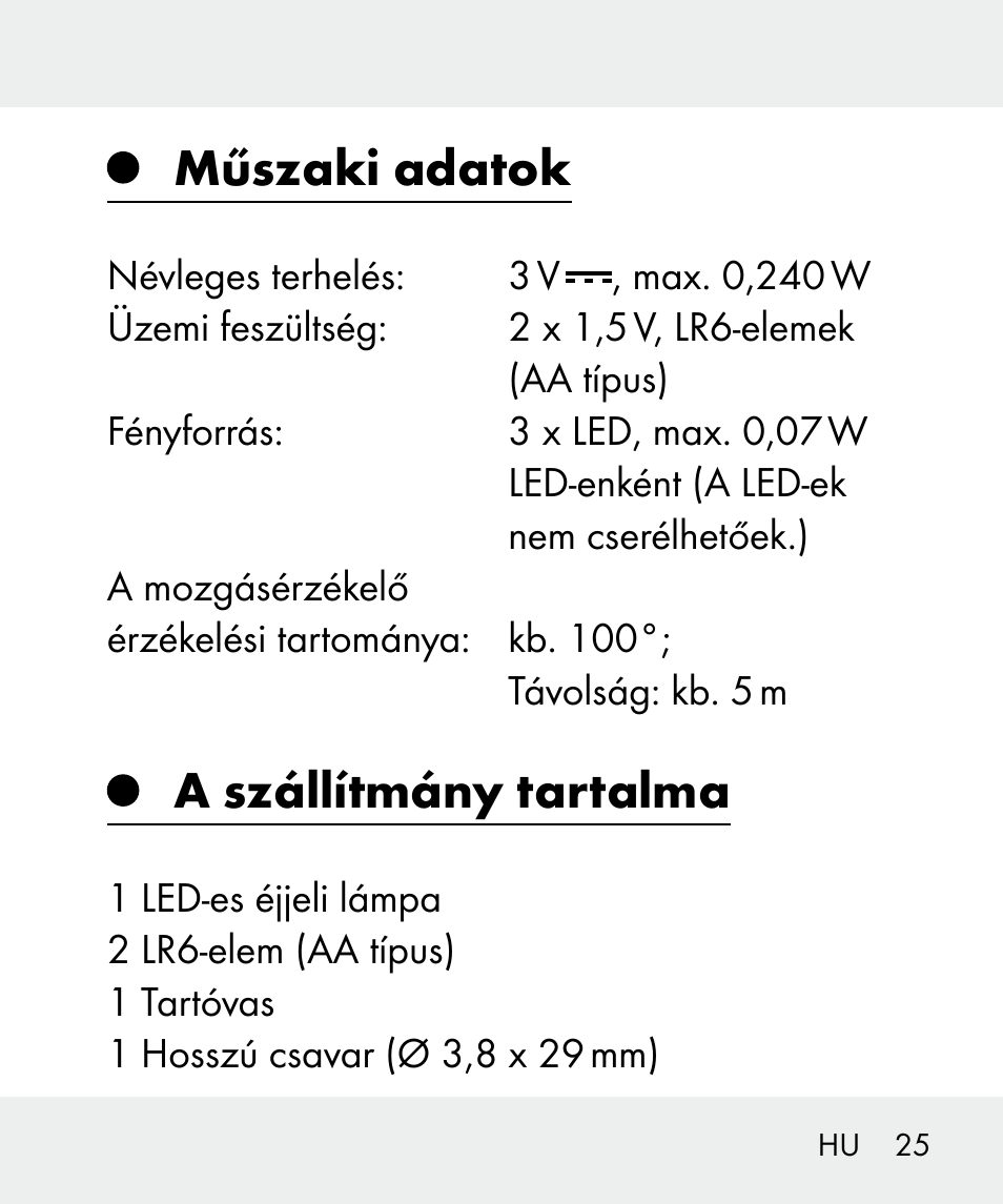 Műszaki adatok, A szállítmány tartalma | Livarno 100933-14-02 User Manual | Page 25 / 91