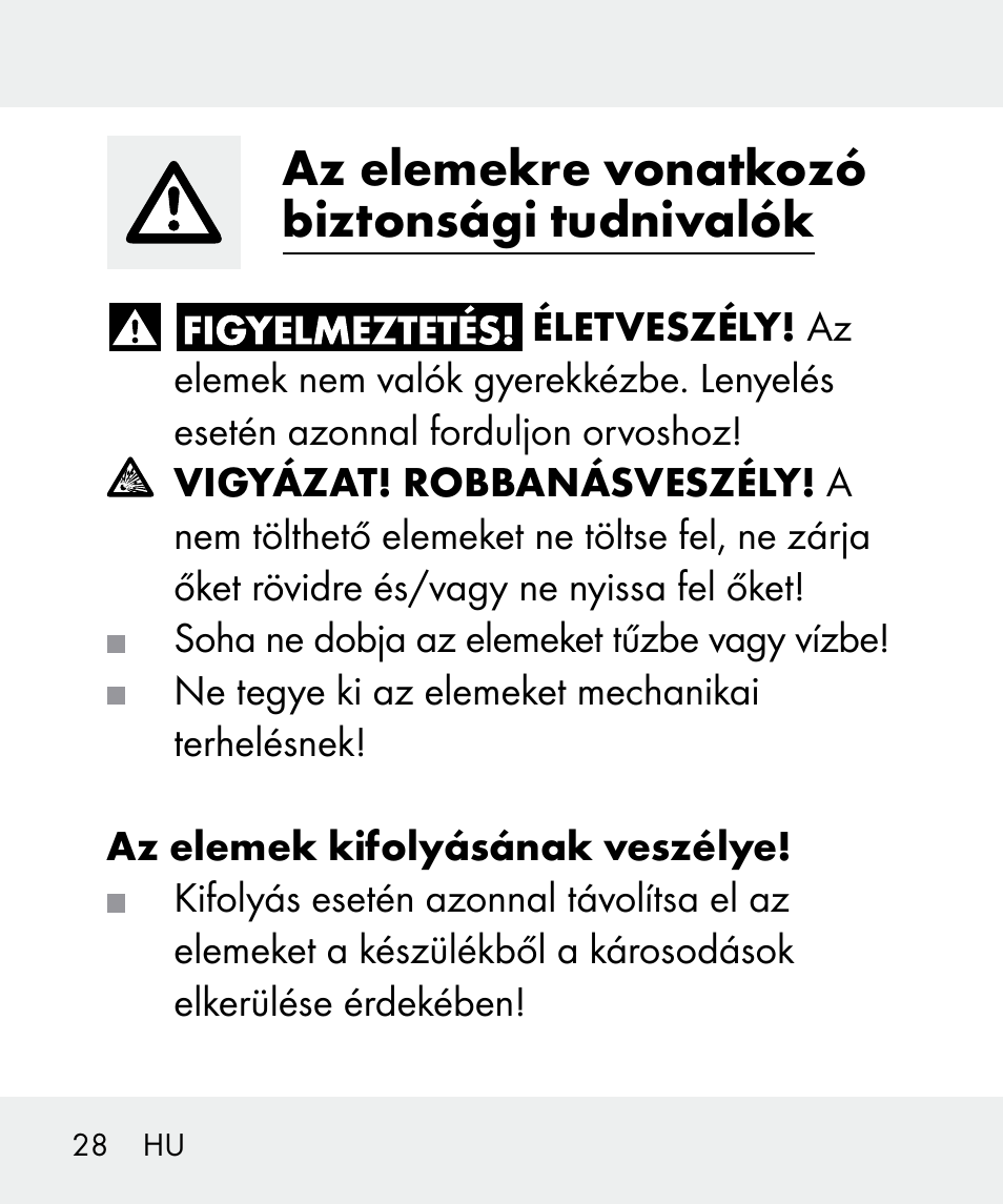 Az elemekre vonatkozó biztonsági tudnivalók | Livarno 100933-14-02 User Manual | Page 28 / 91