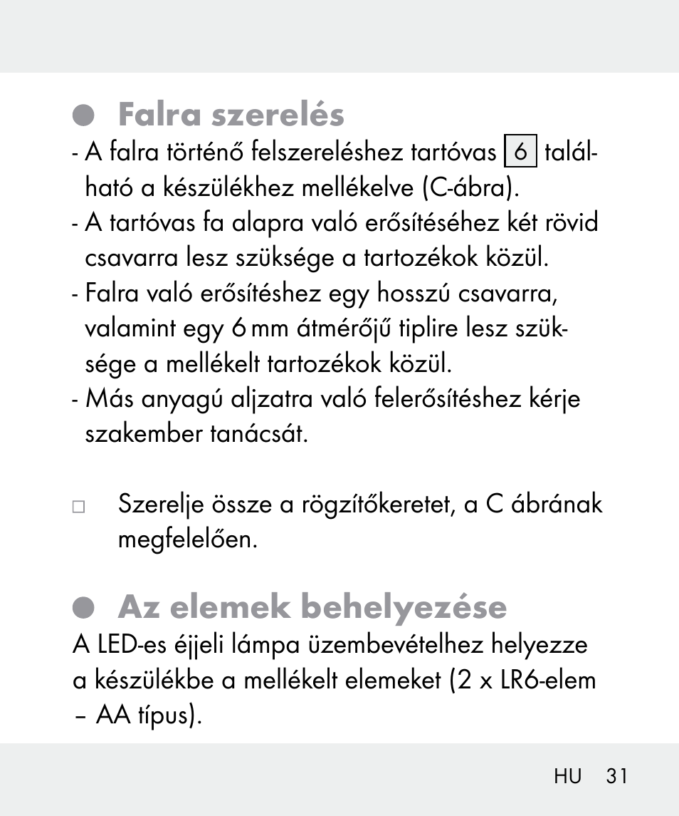 Falra szerelés, Az elemek behelyezése | Livarno 100933-14-02 User Manual | Page 31 / 91