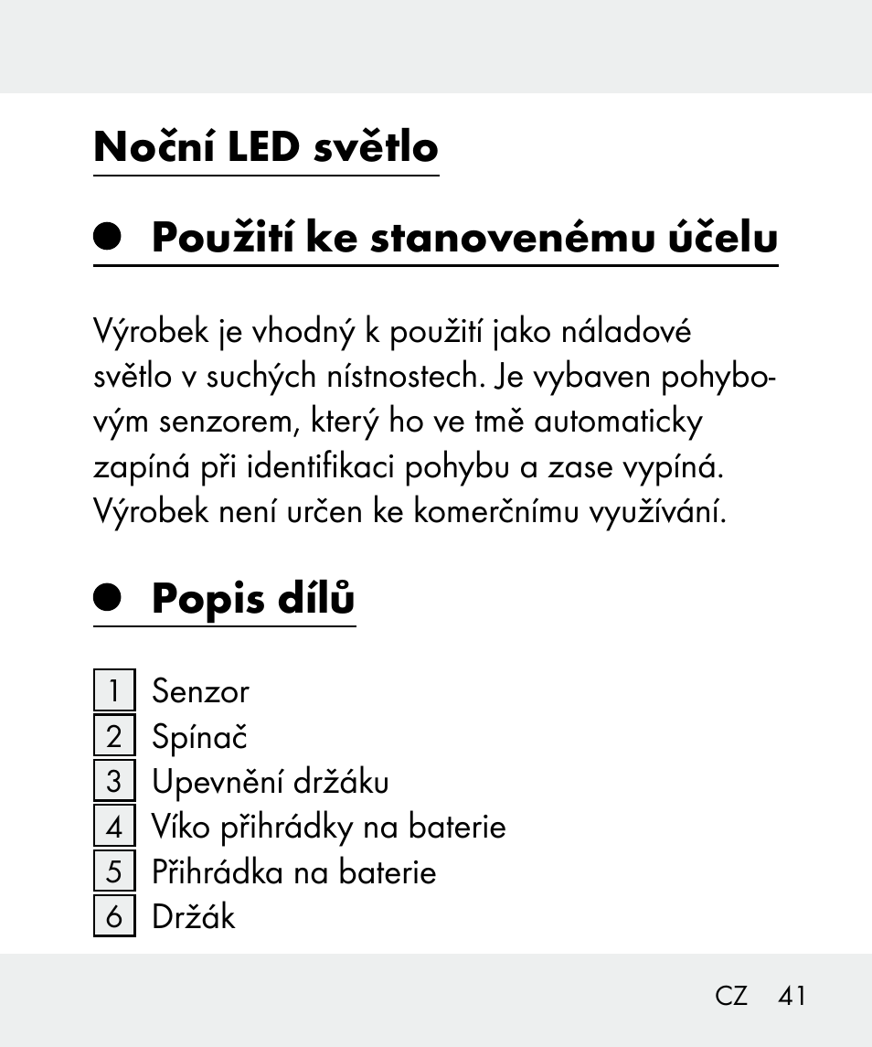 Noční led světlo použití ke stanovenému účelu, Popis dílů | Livarno 100933-14-02 User Manual | Page 41 / 91