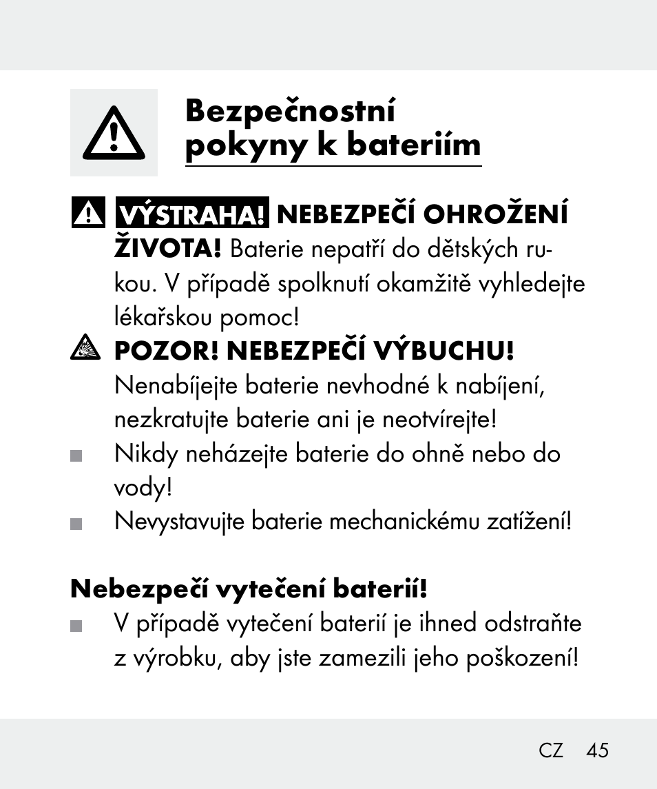 Bezpečnostní pokyny k bateriím | Livarno 100933-14-02 User Manual | Page 45 / 91