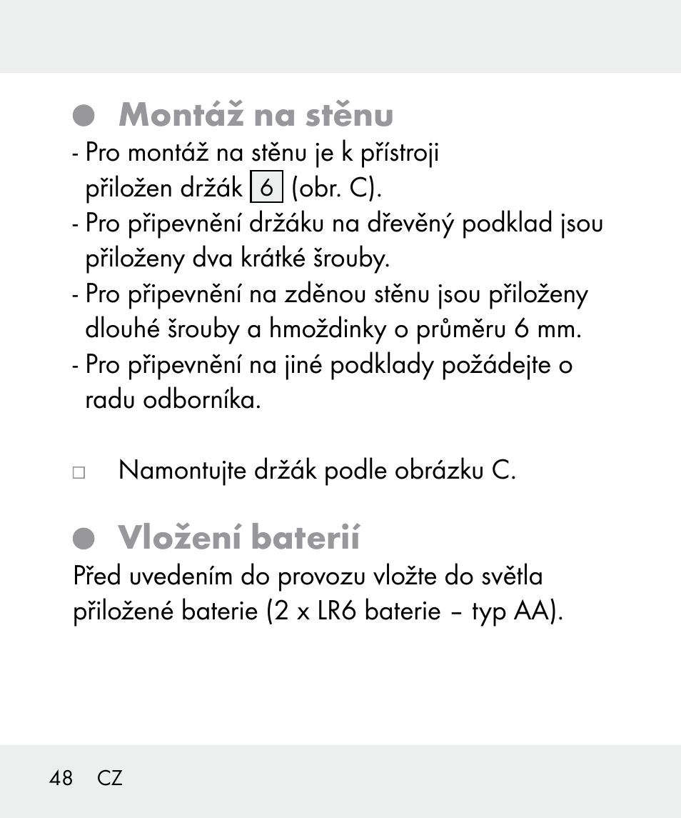 Montáž na stěnu, Vložení baterií | Livarno 100933-14-02 User Manual | Page 48 / 91