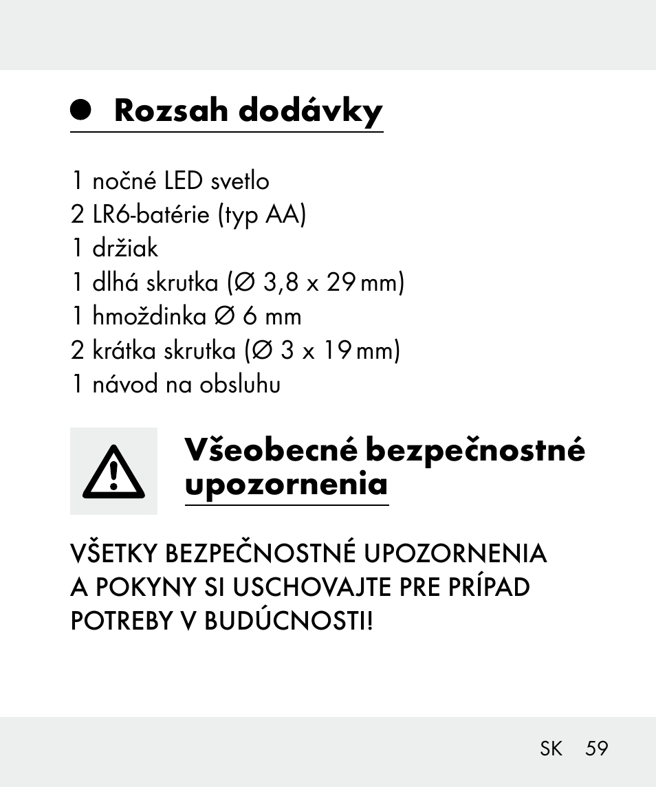 Rozsah dodávky, Všeobecné bezpečnostné upozornenia | Livarno 100933-14-02 User Manual | Page 59 / 91