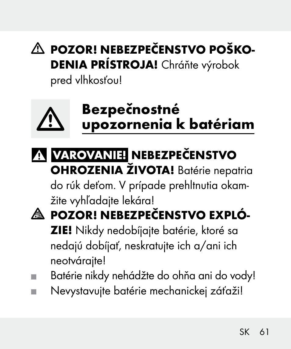 Bezpečnostné upozornenia k batériam | Livarno 100933-14-02 User Manual | Page 61 / 91