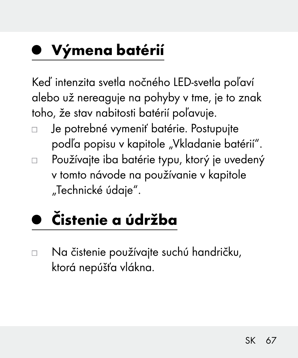 Výmena batérií, Čistenie a údržba | Livarno 100933-14-02 User Manual | Page 67 / 91