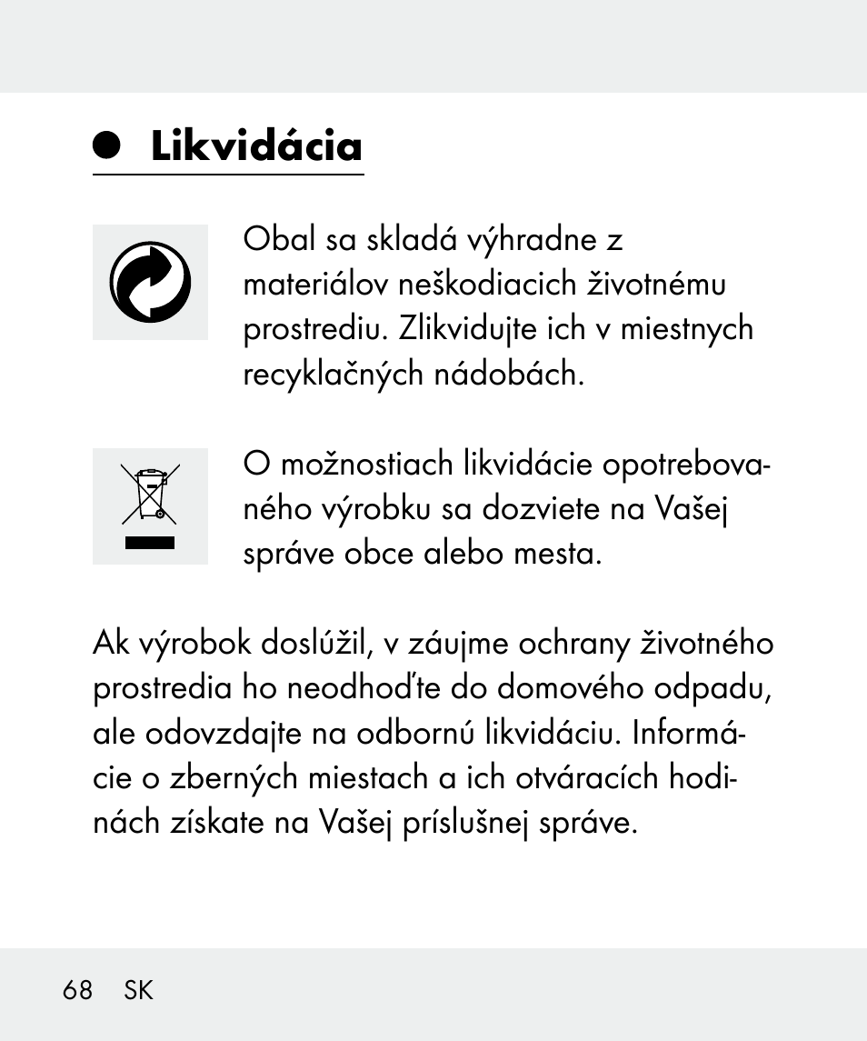 Likvidácia | Livarno 100933-14-02 User Manual | Page 68 / 91