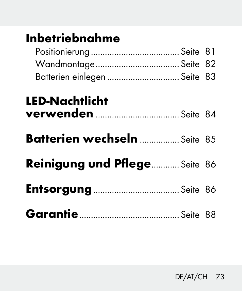 Inbetriebnahme, Led-nachtlicht verwenden, Batterien wechseln | Reinigung und pflege, Entsorgung, Garantie | Livarno 100933-14-02 User Manual | Page 73 / 91