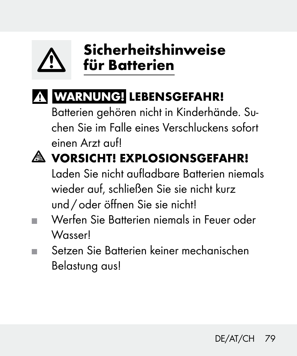 Sicherheitshinweise für batterien | Livarno 100933-14-02 User Manual | Page 79 / 91