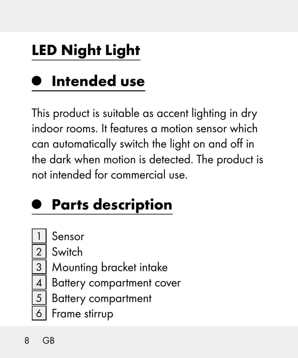 Led night light intended use, Parts description | Livarno 100933-14-02 User Manual | Page 8 / 91