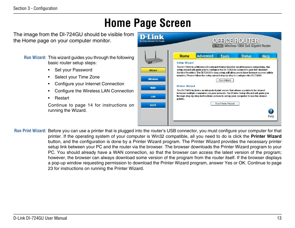 Home page screen | D-Link DI-724GU User Manual | Page 13 / 89