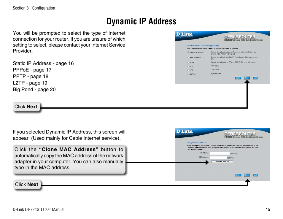 Dynamic ip address | D-Link DI-724GU User Manual | Page 15 / 89