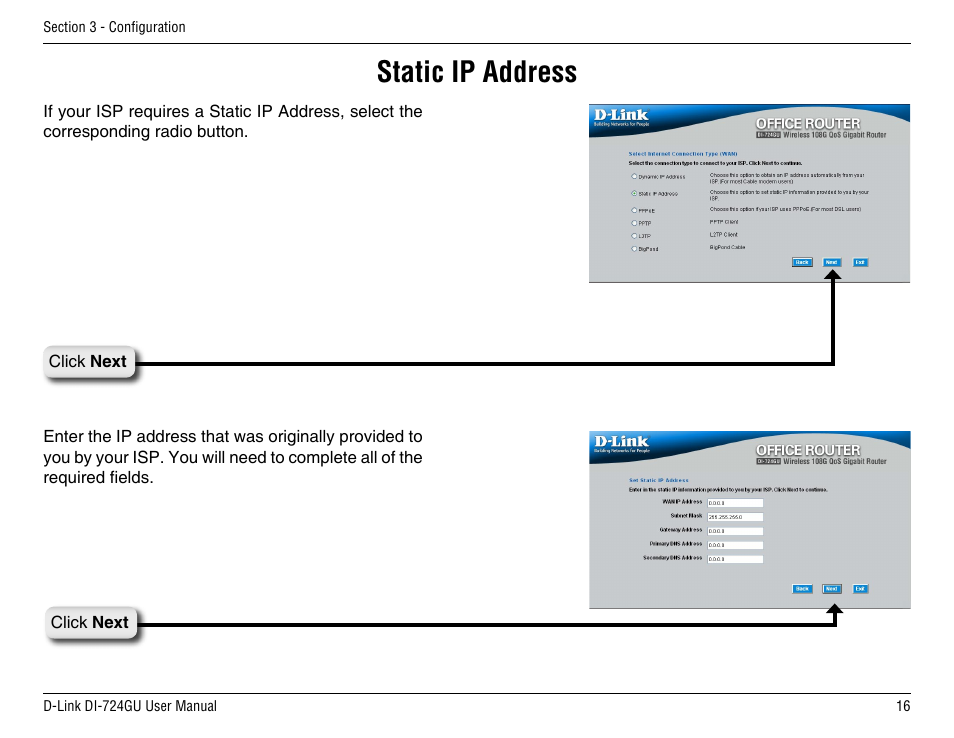 Static ip address | D-Link DI-724GU User Manual | Page 16 / 89