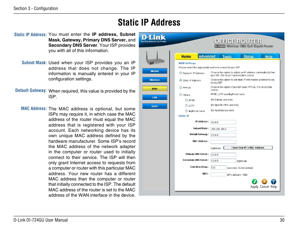 Static ip address | D-Link DI-724GU User Manual | Page 30 / 89