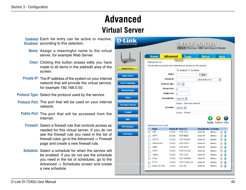 Advanced, Virtual server | D-Link DI-724GU User Manual | Page 44 / 89