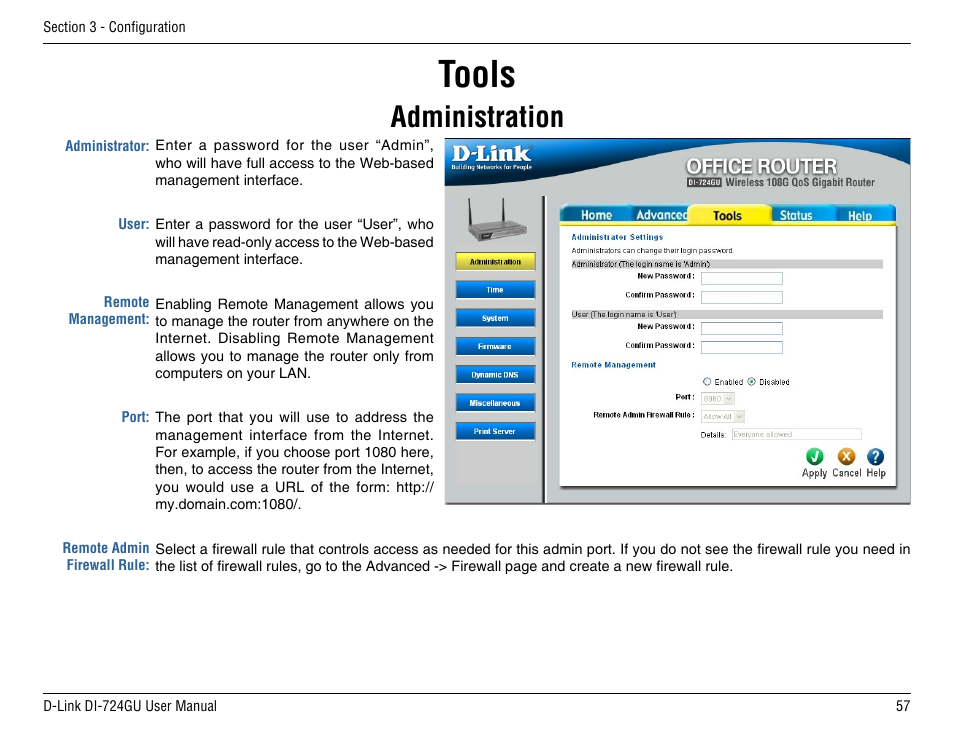 Tools, Administration | D-Link DI-724GU User Manual | Page 57 / 89