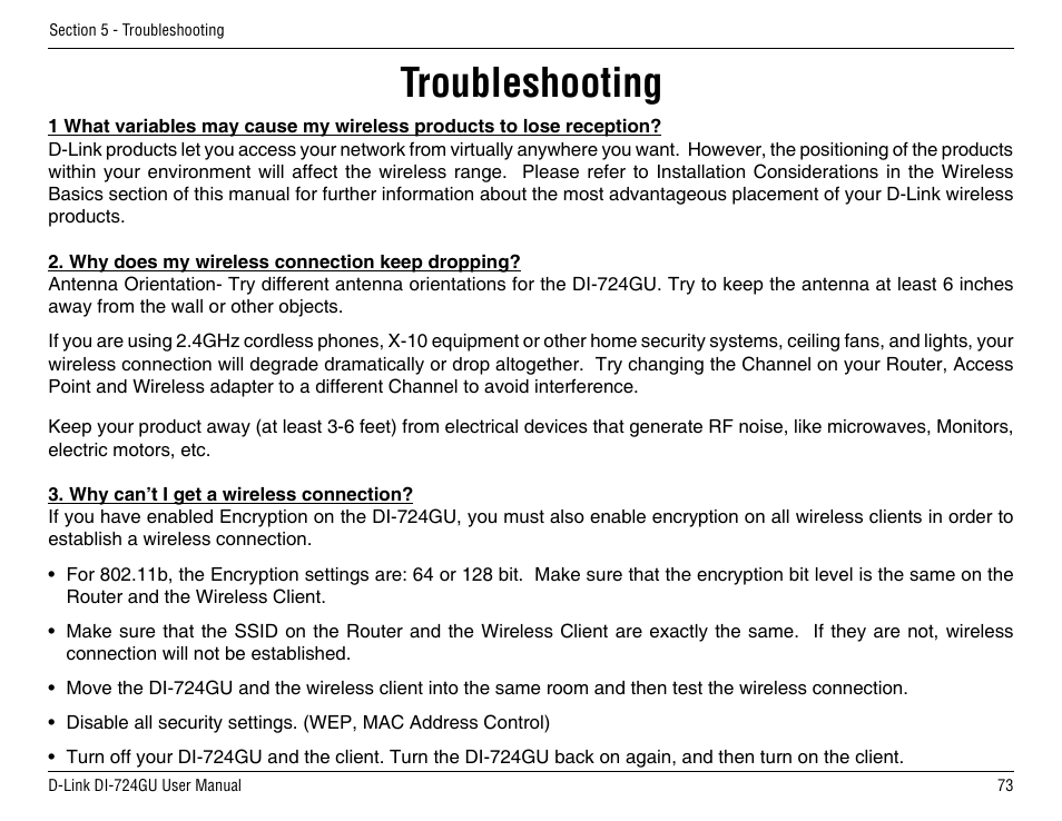 Troubleshooting | D-Link DI-724GU User Manual | Page 73 / 89