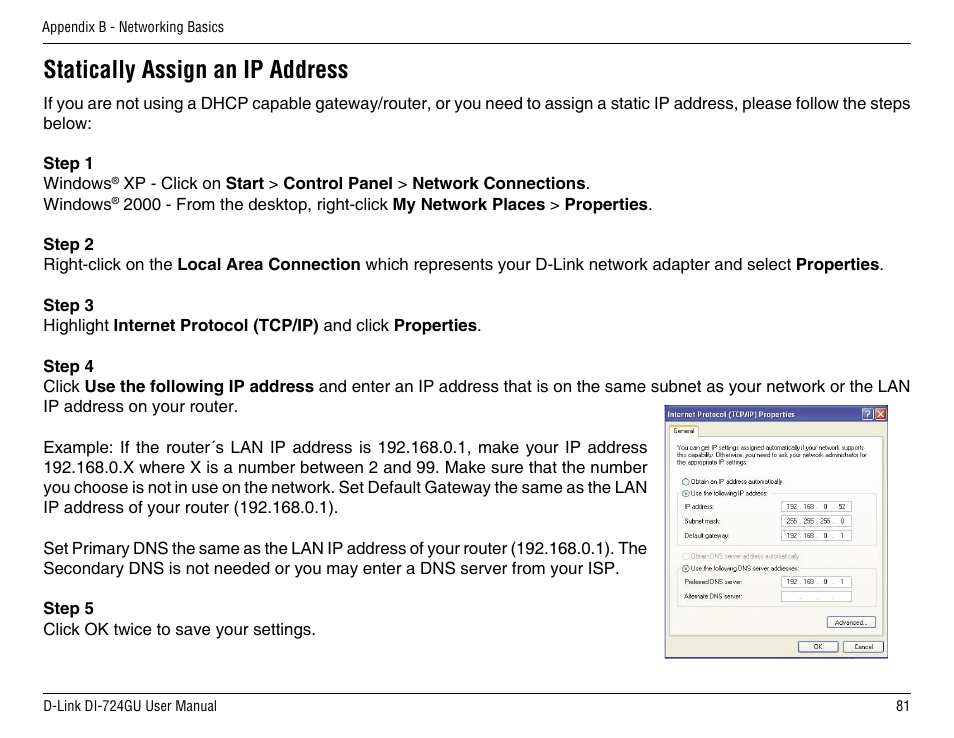 Statically assign an ip address | D-Link DI-724GU User Manual | Page 81 / 89