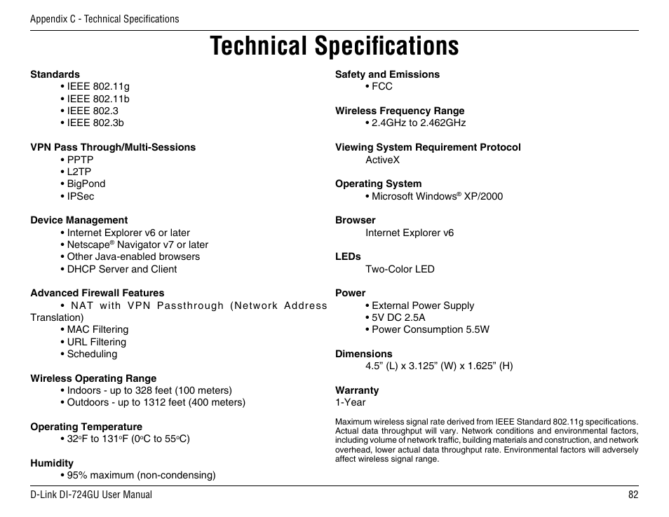 Technical speciﬁcations | D-Link DI-724GU User Manual | Page 82 / 89