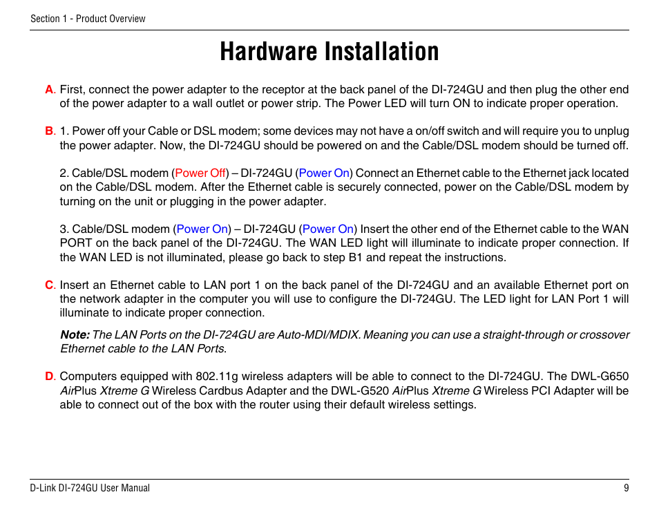 Hardware installation | D-Link DI-724GU User Manual | Page 9 / 89