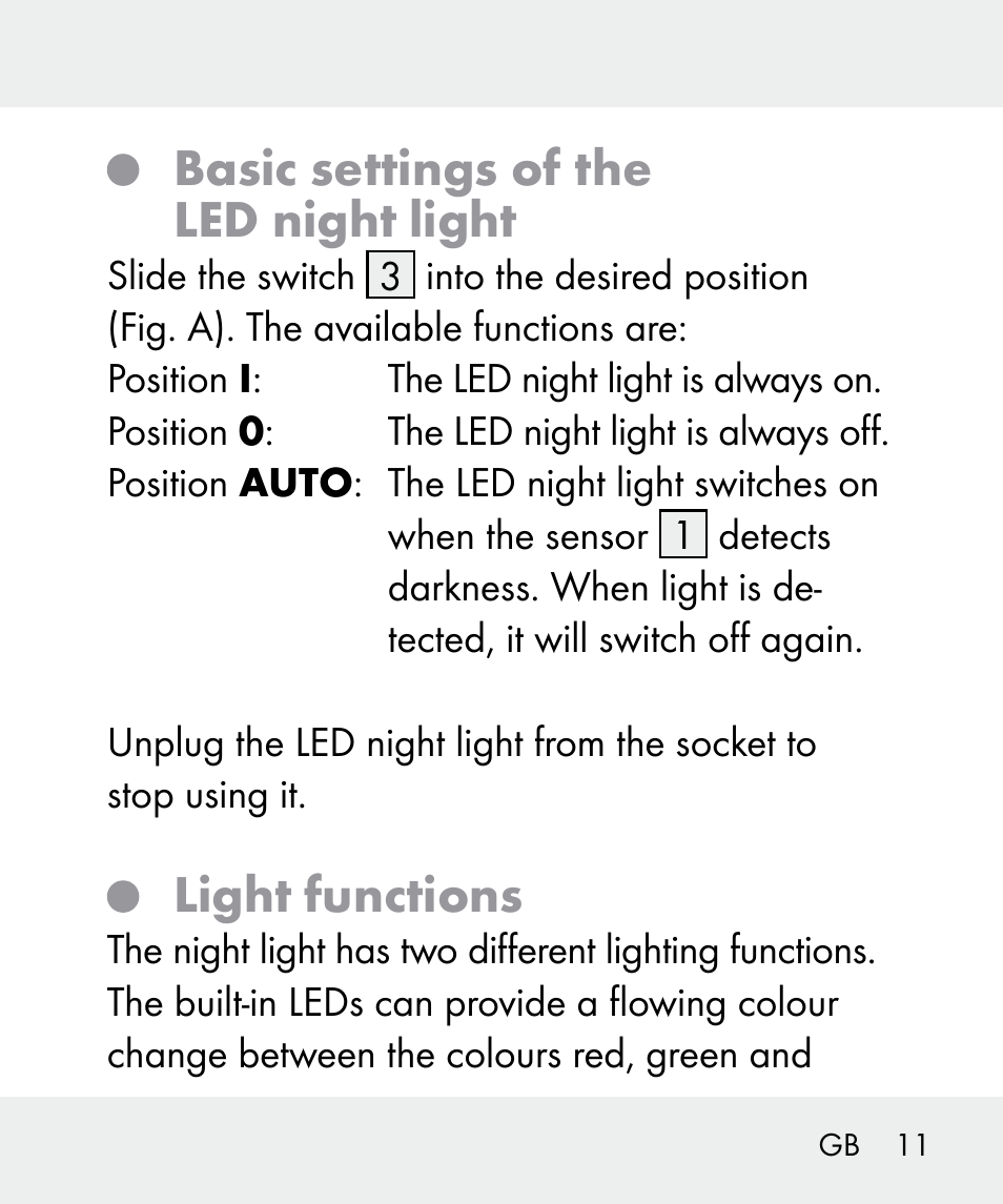 Basic settings of the led night light, Light functions | Livarno 100933-14-03-BS User Manual | Page 11 / 60