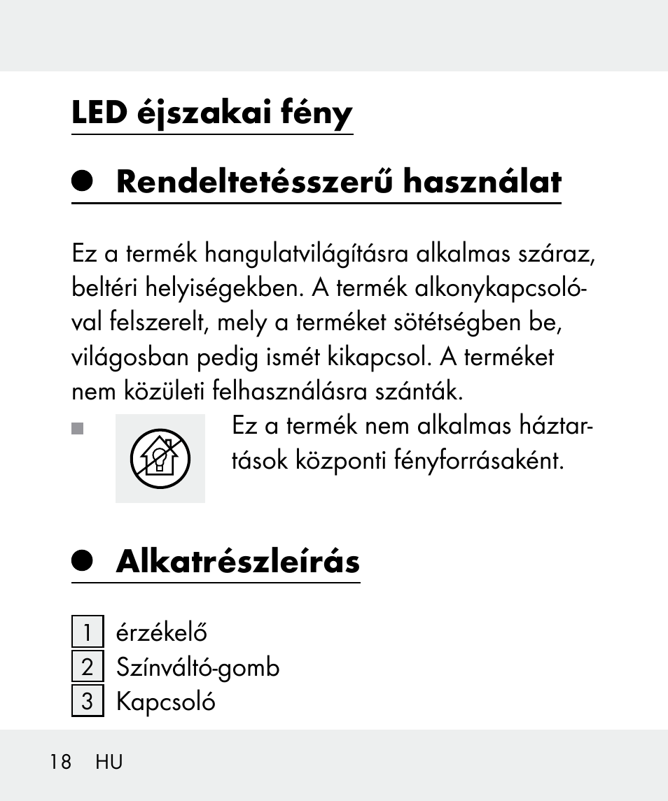 Led éjszakai fény rendeltetésszerű használat, Alkatrészleírás | Livarno 100933-14-03-BS User Manual | Page 18 / 60