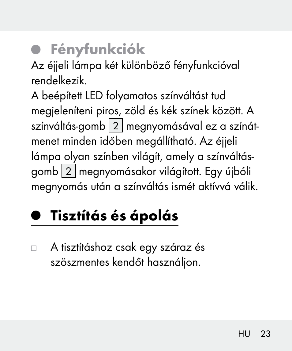 Fényfunkciók, Tisztítás és ápolás | Livarno 100933-14-03-BS User Manual | Page 23 / 60