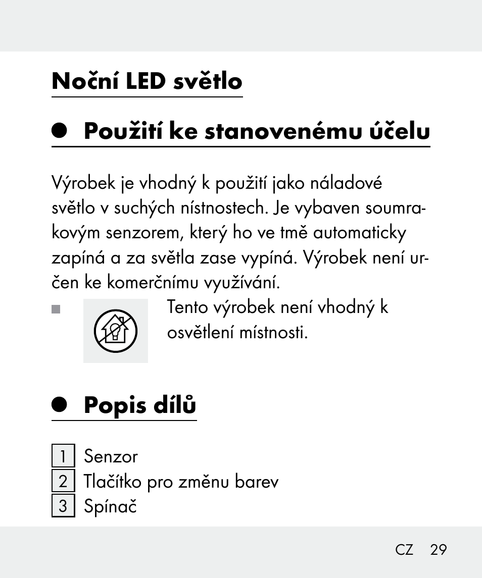 Noční led světlo použití ke stanovenému účelu, Popis dílů | Livarno 100933-14-03-BS User Manual | Page 29 / 60