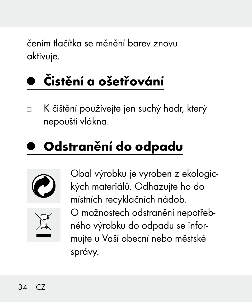 Čistění a ošetřování, Odstranění do odpadu | Livarno 100933-14-03-BS User Manual | Page 34 / 60