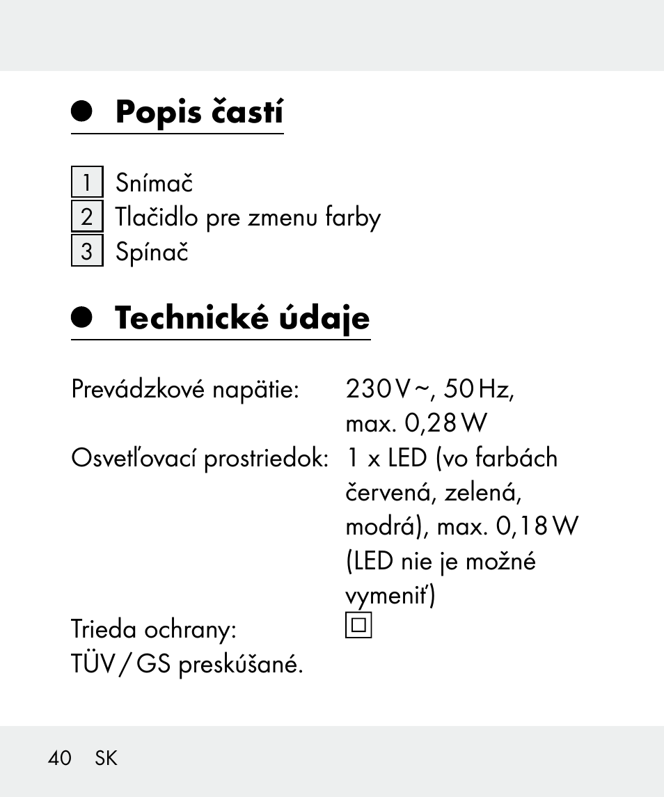 Popis častí, Technické údaje | Livarno 100933-14-03-BS User Manual | Page 40 / 60